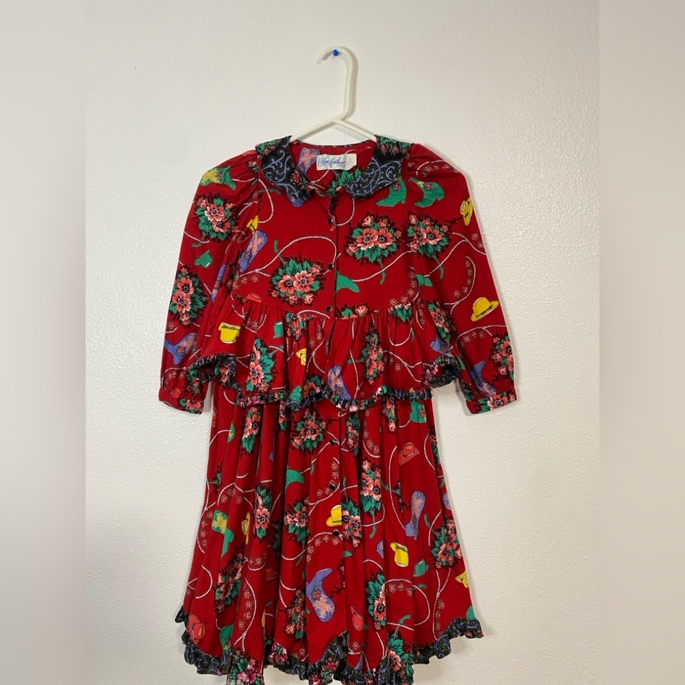 Vintage Vibrant Red Floral Kids Dress - Picture 3 of 16